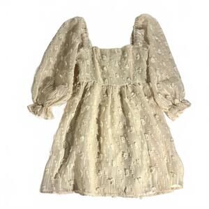 A. Calin Mini Dress Womens Small Cream Swiss Dot Pom-Pom Boho Feminine Elegant